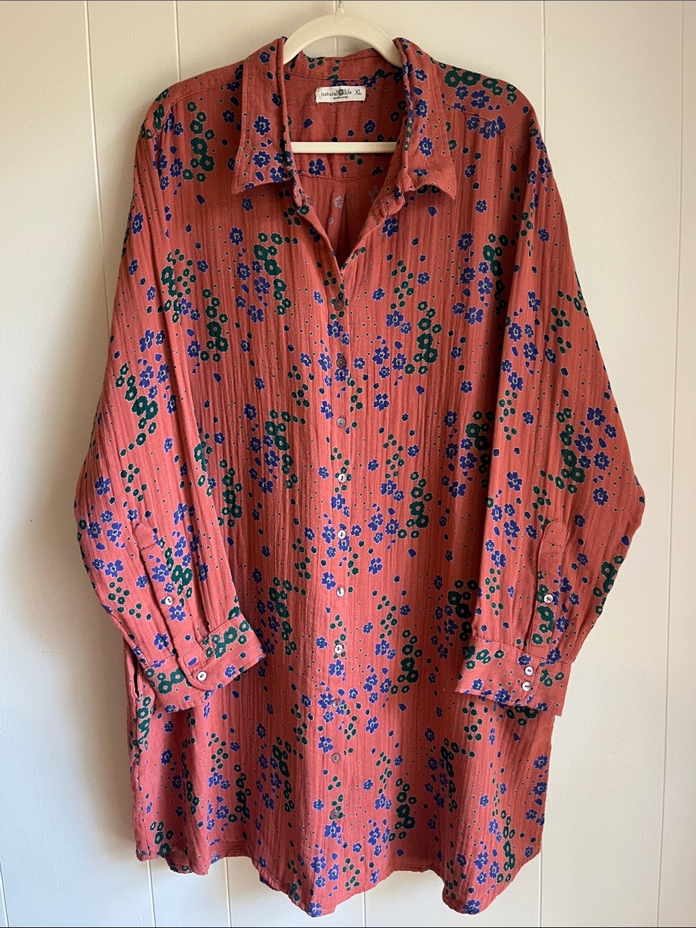 Natural Life Floral Button Front Long Sleeve Pink Green Shirt Dress Sz XL - Picture 2 of 11